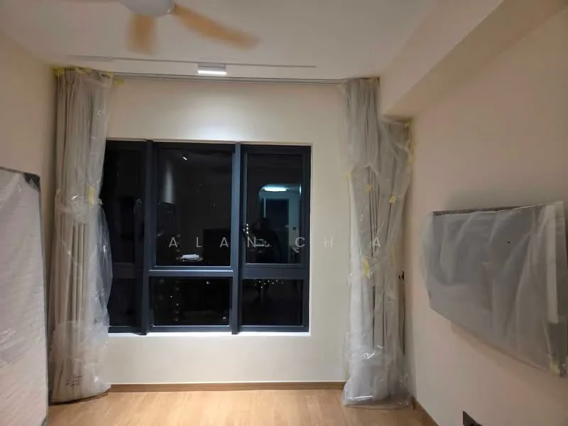 Room features: wooden flooring, large windows with black frames, floor-to-ceiling windows, curtains with plastic covering, wall-mounted TV, light fixture on ceiling, neutral painted walls, decorative wall paneling; style: modern; view: city.