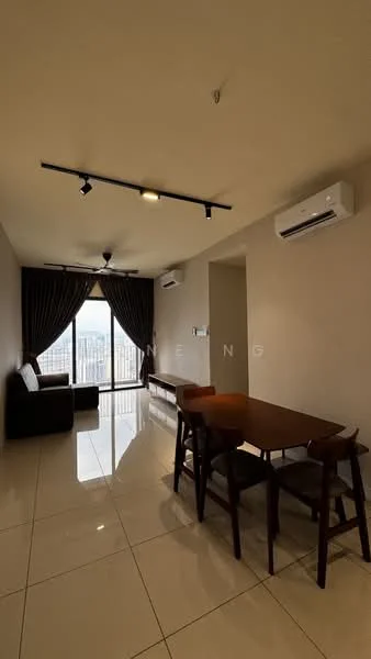 Living features: floor-to-ceiling windows, sliding glass door, 3-seater fabric sofa in dark color, dining table with 4 chairs, recessed LED downlights, ceiling fan, wall-mounted air conditioning unit, glossy tile flooring, curtains, neutral painted walls; style: modern; view: city.