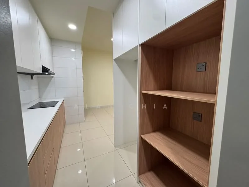 Kitchen features: white cabinetry with flat-panel doors, wooden countertop, ceramic tile backsplash, built-in stove, stainless-steel range hood, open shelving, white tiled walls, glossy floor tiles, recessed downlights, electrical outlets; style: modern.