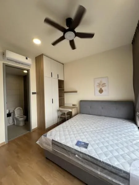 Bedroom features: queen-size bed, upholstered headboard, 5-blade ceiling fan with light, wall-mounted split AC, wooden flooring, built-in wardrobe, study desk, decorative artwork, curtains, en-suite bathroom door; style: modern.
