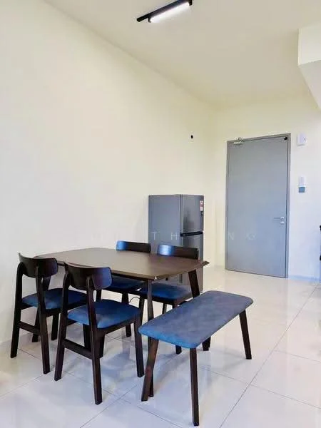 Dining features: rectangular wooden dining table, 4 wooden dining chairs, wooden bench, stainless-steel fridge, white walls, glossy tile flooring, recessed ceiling light, grey door, wall-mounted light switch; style: modern.