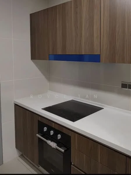 Kitchen features: brown wooden cabinetry, blue accent panel on upper cabinet, white solid surface countertop, built-in oven, 4-burner gas hob, white tiled backsplash, grey tiled flooring, recessed lighting; style: modern.