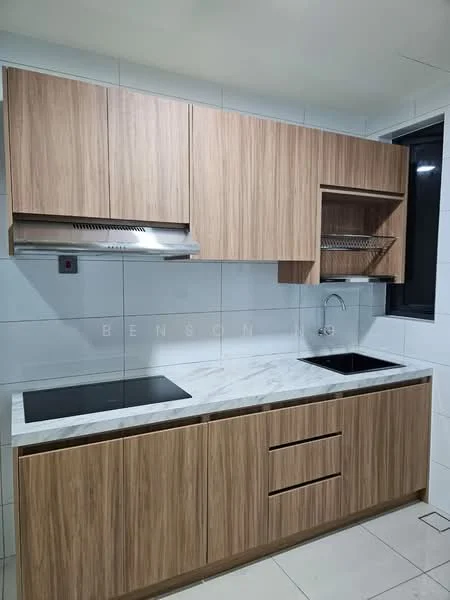 Kitchen features: wood cabinetry with a natural finish, marble countertop, single-bowl stainless-steel sink, chrome pull-down faucet, built-in stove with induction cooktop, exhaust hood, open shelving, white tiled backsplash, grey tiled flooring, window with black frame; style: modern.