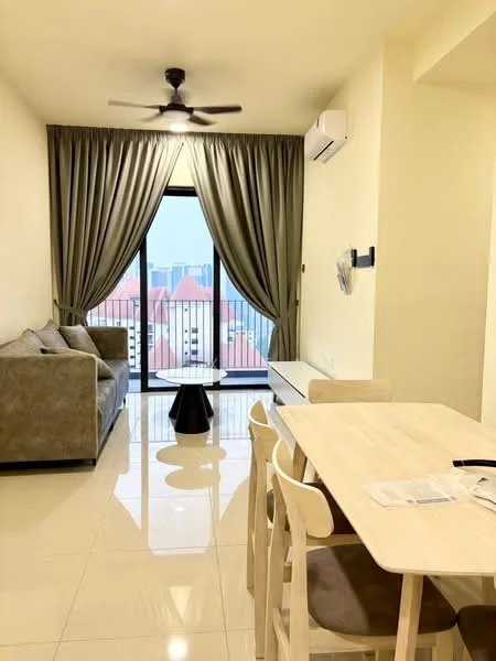 Living features: 3-seater fabric sofa in beige, ceiling fan with light, floor-to-ceiling windows, curtains in light grey, coffee table in black, wall-mounted air conditioning unit, glossy tile flooring, neutral painted walls; style: modern; view: city. Dining features: 6-seater dining table in light wood, upholstered dining chairs in beige, minimalist design, neutral painted walls; style: modern; view: city.