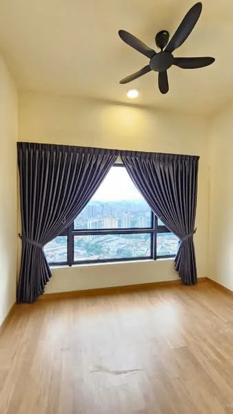Bedroom features: wooden flooring, yellow painted walls, floor-to-ceiling window, blackout curtains, 5-blade ceiling fan with light, city view; style: modern; view: city.