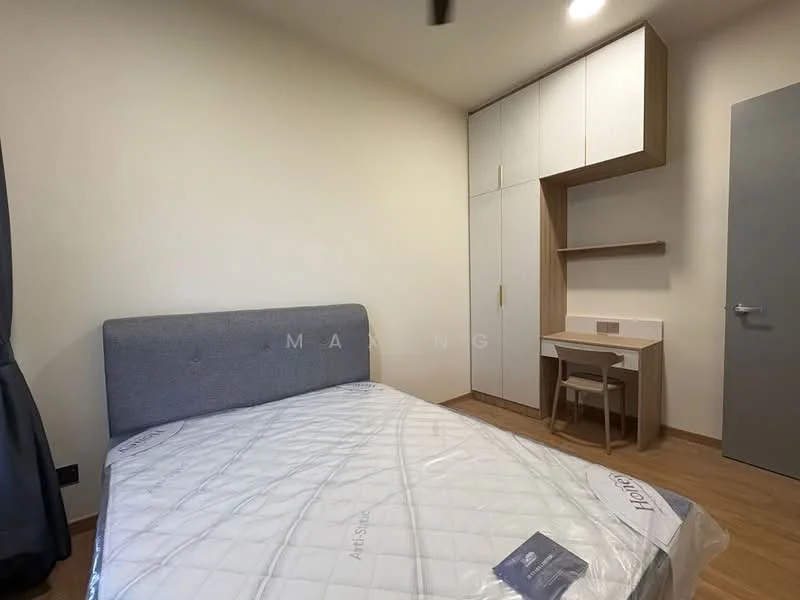 Bedroom features: queen-size bed with grey upholstered headboard, built-in wardrobe with white and wood finish, study desk with chair, wooden flooring, white painted walls, ceiling fan, window with grey curtains, shelf above the desk; style: modern.