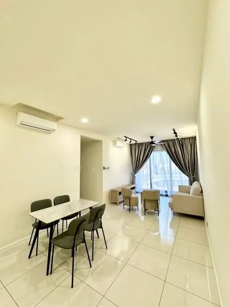 Living features: white painted walls, glossy ceramic tile flooring, recessed downlights, 5-blade ceiling fan, floor-to-ceiling windows, sheer curtains, sofa in light color, coffee table, dining table with marble top, 4 dining chairs in green, air conditioning unit on wall; style: modern; view: city.
