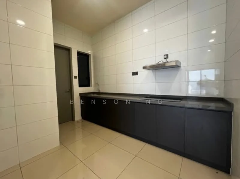 Kitchen features: white tiled walls, black cabinetry, grey countertop, single-bowl stainless-steel sink, chrome pull-down faucet, wall-mounted shelf, tile flooring, recessed lighting; style: modern.