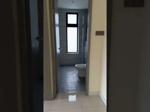 Bathroom features: white walls, grey tiled flooring, one-piece toilet, single-sink vanity, mirror, window, shower area, light fixture; style: modern.