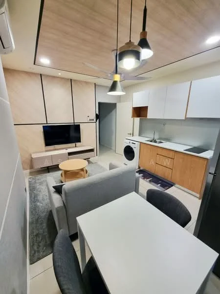 Living features: grey fabric sofa, round wooden coffee table, white dining table, 4 dining chairs, wall-mounted TV, light wood cabinetry, white upper cabinets, grey lower cabinets, built-in washing machine, stainless-steel fridge, recessed lighting, pendant lights, cream tiled flooring, wood panel ceiling; style: modern.