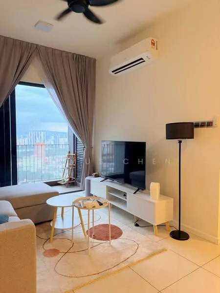 Living features: floor-to-ceiling windows, curtains, 3-seater fabric sofa in light grey, coffee table, TV console, wall-mounted TV, area rug with geometric pattern, 1 floor lamp, 1 wall-mounted split AC, decorative wall panel; style: modern; view: city.
