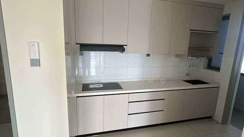 Kitchen features: light beige cabinetry, white countertop, built-in oven, induction cooktop, single-bowl stainless-steel sink, chrome pull-down faucet, white tiled backsplash, recessed downlights, sliding window, tile flooring; style: modern.