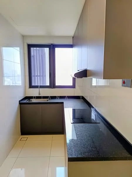 Kitchen features: black granite countertop, white tiled backsplash, dark wood cabinetry, built-in cooktop, single-bowl stainless-steel sink, window with city view, white painted walls, glossy floor tiles; style: modern; view: city.