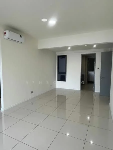 Room features: white painted walls, glossy ceramic tile flooring, recessed downlights, 1 wall-mounted split AC, large window, open layout, neutral color scheme; style: modern.