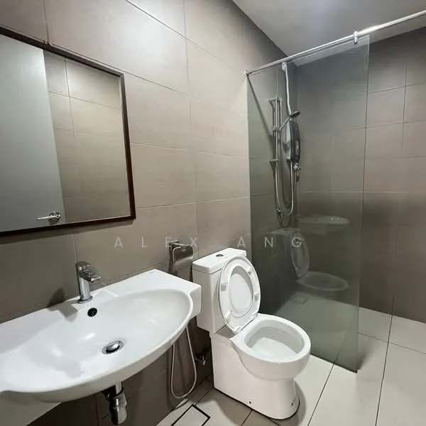 Bathroom features: single-sink vanity with wall-mounted faucet, framed mirror, one-piece toilet, walk-in shower with glass enclosure, chrome shower head, grey tiled walls, white tiled flooring, shower with handheld spray, towel rack; style: modern.