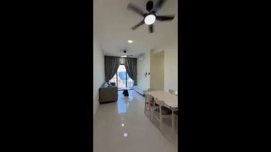 Living features: 5-blade ceiling fan with light, floor-to-ceiling windows, sliding glass door, curtains, light-coloured walls, glossy tile flooring, sofa, dining table with chairs, wall-mounted air conditioning unit; style: modern; view: city.