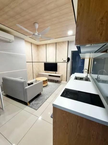 Living features: sofa in light grey fabric, coffee table with circular design, TV console with wall-mounted TV, area rug in grey, 5-blade ceiling fan with light, wall-mounted air conditioning unit, wood panel accent wall, recessed lighting, white tiled flooring; style: modern. Kitchen features: white countertop, built-in induction cooktop, stainless-steel sink, wood cabinetry, open shelving; style: modern.