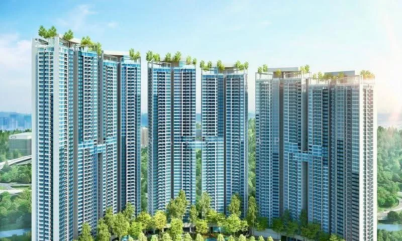 Exterior type: high-rise condominium; features: glass curtain wall, greenery on balconies, multiple storeys, surrounded by landscaped gardens, modern architectural design, large windows, outdoor terraces, elevated structure, sunlight reflecting off glass, urban context with skyline view; style: modern.