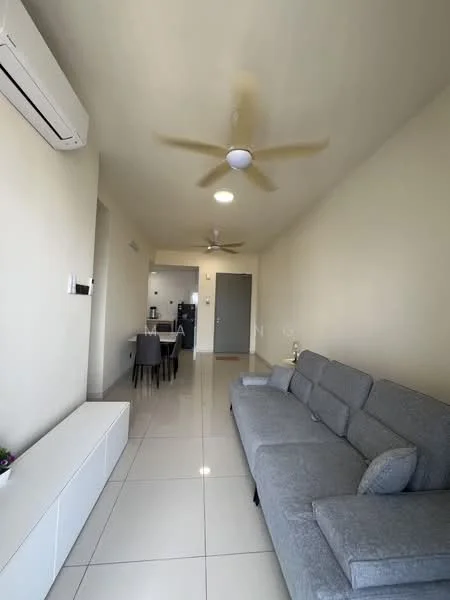 Living features: grey fabric sofa, 3-seater sofa, white TV console, wall-mounted air conditioning unit, ceiling fan, recessed ceiling lights, large floor tiles, neutral painted walls; style: modern. Dining features: dining table for 4, black dining chairs; style: modern.