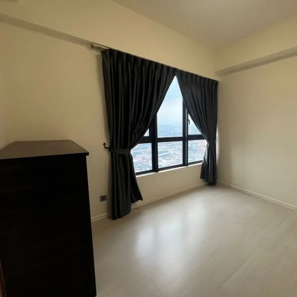 Bedroom features: floor-to-ceiling windows, blackout curtains, light wood flooring, neutral painted walls, built-in wardrobe, city view; style: modern; view: city.
