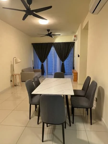 Dining features: 6-seater dining table with marble top, upholstered dining chairs in grey, white painted walls, tile flooring, 2 ceiling fans, floor-to-ceiling windows with sheer curtains, curtains in dark grey, light fixture on ceiling, sideboard cabinet, sofa in living area visible in background; style: modern.