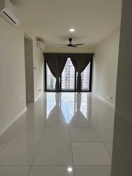 Living features: white painted walls, glossy ceramic tile flooring, 5-blade ceiling fan with light, floor-to-ceiling windows, sheer curtains, natural light, neutral color scheme, air conditioning unit; style: modern; view: city.