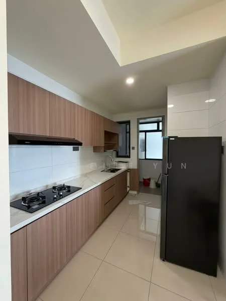 Kitchen features: brown wooden cabinetry, white marble countertop, white tiled backsplash, built-in gas stove with two burners, black range hood, stainless-steel fridge, single-bowl stainless-steel sink, chrome pull-down faucet, recessed downlights, glossy ceramic tile flooring, window with natural light; style: modern.