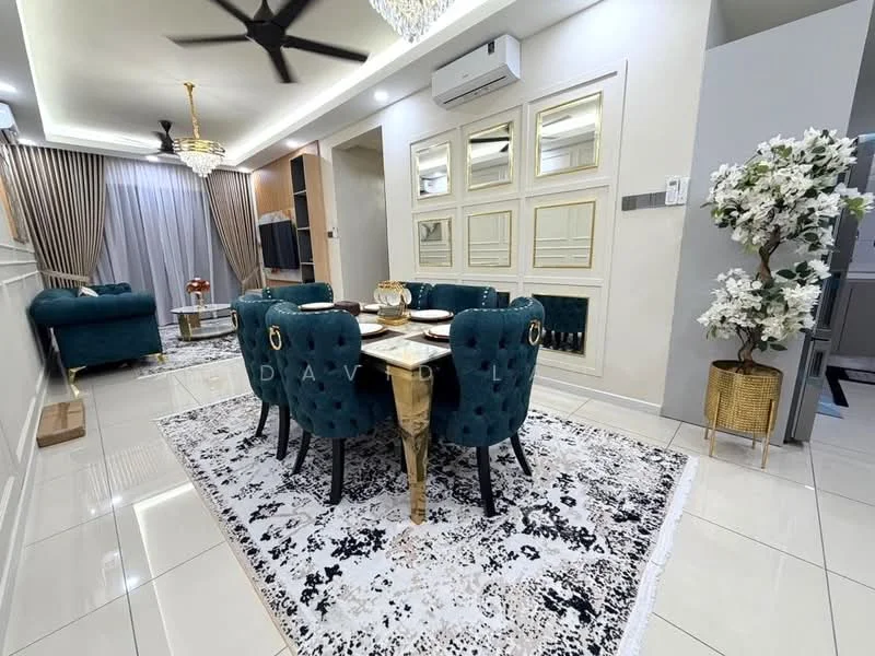 Dining features: 6-seater dining table, upholstered dining chairs in teal, chandelier, recessed downlights, white walls with crown moulding, polished tile flooring, area rug with geometric pattern, decorative mirror, wall-mounted air conditioning unit, floor-to-ceiling curtains, decorative plant in gold pot; style: modern. Living features: 3-seater fabric sofa in teal, coffee table, wall-mounted TV, decorative wall paneling, floor-to-ceiling windows with sheer curtains; style: modern.