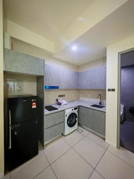 Kitchen features: grey cabinetry, white countertop, single-bowl stainless-steel sink, chrome pull-down faucet, built-in oven, fridge, front-load washing machine, tile flooring, recessed downlights; style: modern.
