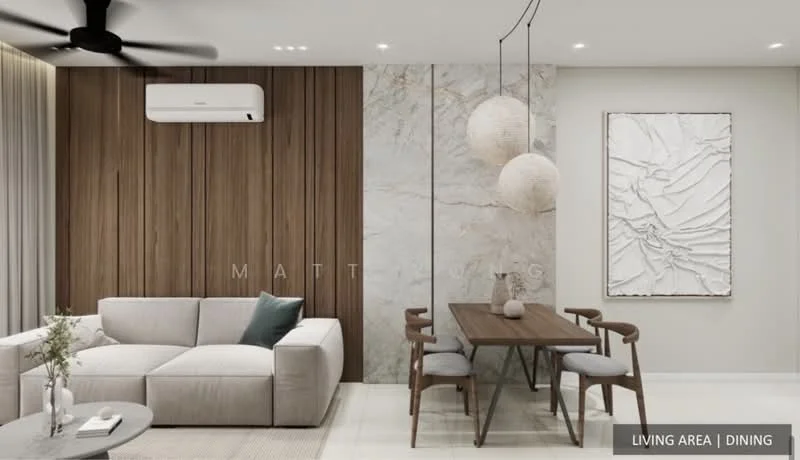Living features: 3-seater fabric sofa in light grey, wooden coffee table, wall-mounted split AC, recessed downlights, ceiling fan, decorative wall with wood paneling, feature wall with marble cladding, framed artwork with textured design, dining table with 4 wooden chairs, light fixtures with spherical design; style: modern.