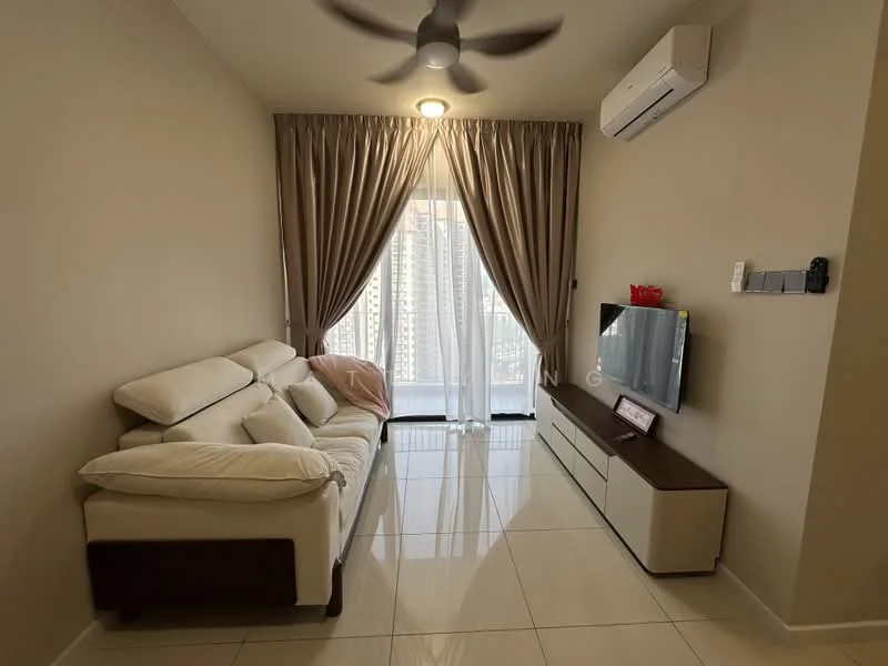 Living features: 3-seater fabric sofa in white, wall-mounted TV, TV console in wood and white finish, floor-to-ceiling windows, sheer curtains, dropped ceiling with recessed lighting, 1 wall-mounted split AC, glossy tile flooring, decorative wall panel, ceiling fan with light; style: modern; view: city.