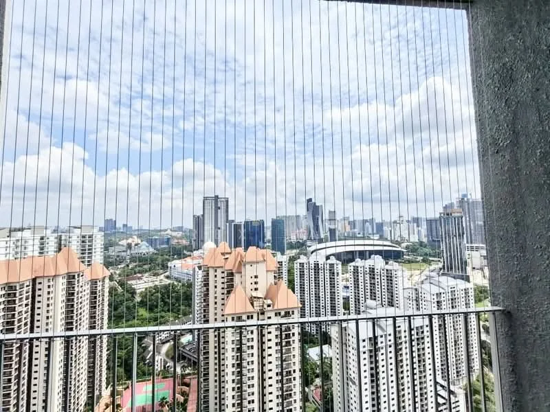 Room features: city skyline view, balcony railing, high-rise buildings in foreground, cloudy sky, urban landscape; view: city.
