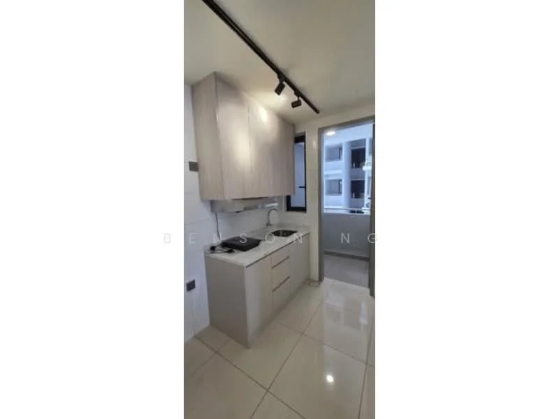 Kitchen features: light wood cabinetry, white countertop, single-bowl stainless-steel sink, chrome pull-down faucet, built-in stove, exhaust hood, tile backsplash, ceramic tile flooring, recessed downlights, window with view to exterior, open layout; style: modern.