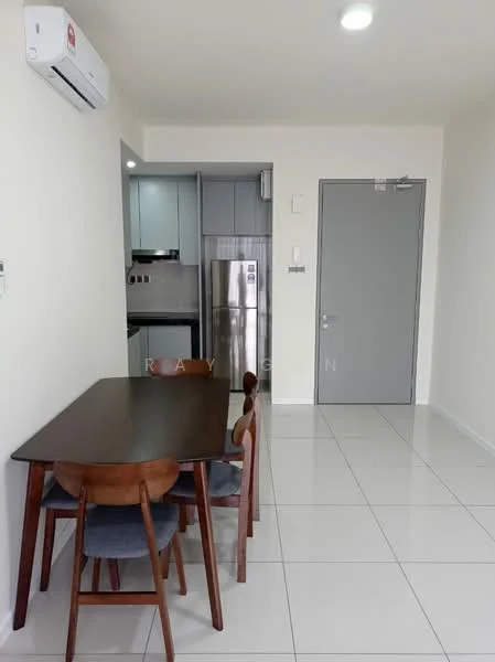 Dining features: 4-seater dining table, wooden dining table, grey upholstered dining chairs, white walls, tile flooring, wall-mounted split AC, refrigerator, kitchen area visible in background, door to hallway, LED ceiling light; style: modern.