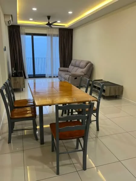 Dining features: wood dining table, 6 wooden dining chairs, recessed LED downlights, white painted walls, sliding glass door, floor-to-ceiling windows, grey sofa, ceiling fan, tile flooring, curtains, view of balcony; style: modern; view: city.