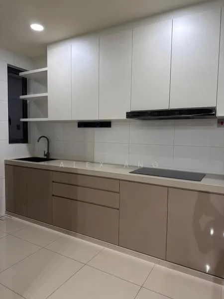 Kitchen features: white upper cabinets, beige lower cabinets, smooth countertop, single-bowl stainless-steel sink, chrome pull-down faucet, built-in range hood, tile backsplash, recessed downlights, ceramic tile flooring, open shelving; style: modern.