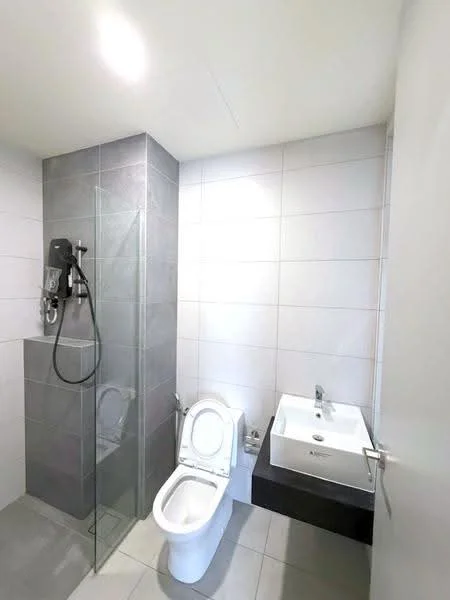 Bathroom features: walk-in shower with glass enclosure, chrome handheld shower, white ceramic toilet, single-sink vanity with black countertop, square basin, grey tile flooring, white tiled walls, recessed ceiling lights; style: modern.