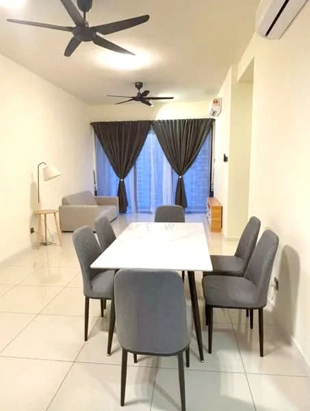 Dining features: 6-seater dining table with marble top, upholstered dining chairs in grey, white painted walls, tile flooring, 2 ceiling fans, floor-to-ceiling windows with sheer curtains, grey curtains, light-colored sofa in background, wooden sideboard, recessed lighting; style: modern; view: city.