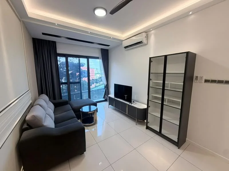 Living features: 3-seater fabric sofa in grey, 2-seater fabric sofa in black, coffee table, wall-mounted TV, TV console, floor-to-ceiling windows, curtains, recessed downlights, ceiling fan, white painted walls, glossy tile flooring, air conditioning unit; style: modern; view: city.