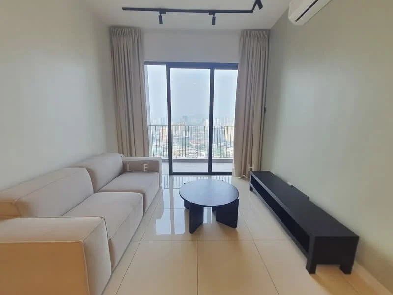 Living features: 3-seater fabric sofa in beige, round coffee table in black, floor-to-ceiling windows, curtains in light beige, wall-mounted TV console in black, polished tile flooring, air conditioning unit on wall, track lighting on ceiling; style: modern; view: city.