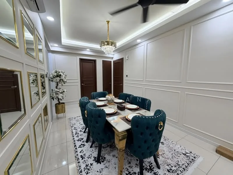 Dining features: 6-seater dining table, teal velvet upholstered dining chairs with gold accents, golden table legs, white table setting with plates and cutlery, chandelier with crystal details, recessed ceiling lights, white painted walls with decorative moulding, floor-to-ceiling mirrors, white and black patterned area rug, air conditioning unit on ceiling, dark wooden doors; style: modern.