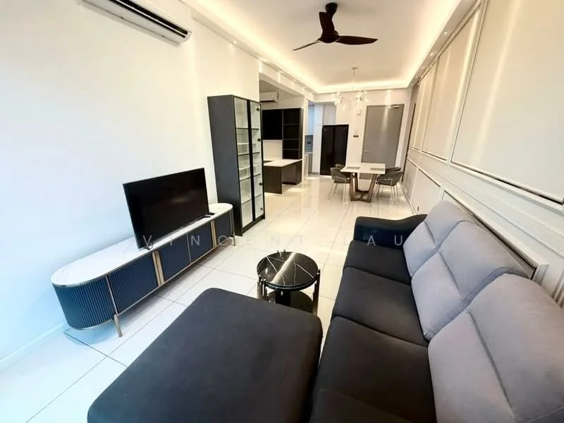 Living features: grey fabric sofa, black coffee table, wall-mounted TV, TV console, recessed LED downlights, ceiling fan, white tiled flooring, decorative wall paneling, open layout to dining area, large windows with natural light; style: modern.