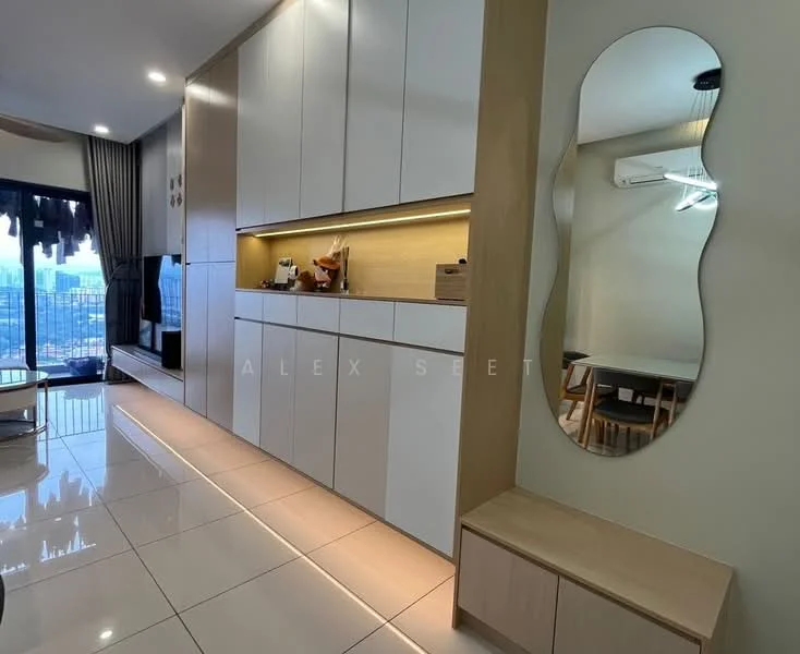 Living features: white cabinetry with flat-panel doors, wooden countertop, built-in shelving, mirror with wavy edge, recessed lighting, wall-mounted air conditioning unit, large floor-to-ceiling windows, glossy tile flooring, neutral wall color, decorative wall art, dining table with chairs visible in background; style: modern; view: city.