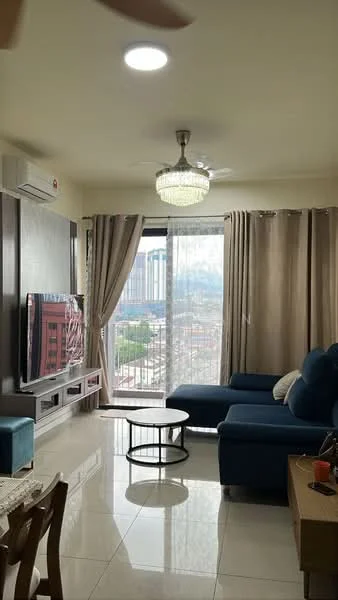 Living features: 3-seater fabric sofa in blue, coffee table, wall-mounted TV, TV console with storage, chandelier, recessed downlights, floor-to-ceiling windows, curtains, marble tile flooring, air conditioning unit, decorative wall panel, area rug; style: modern; view: city.
