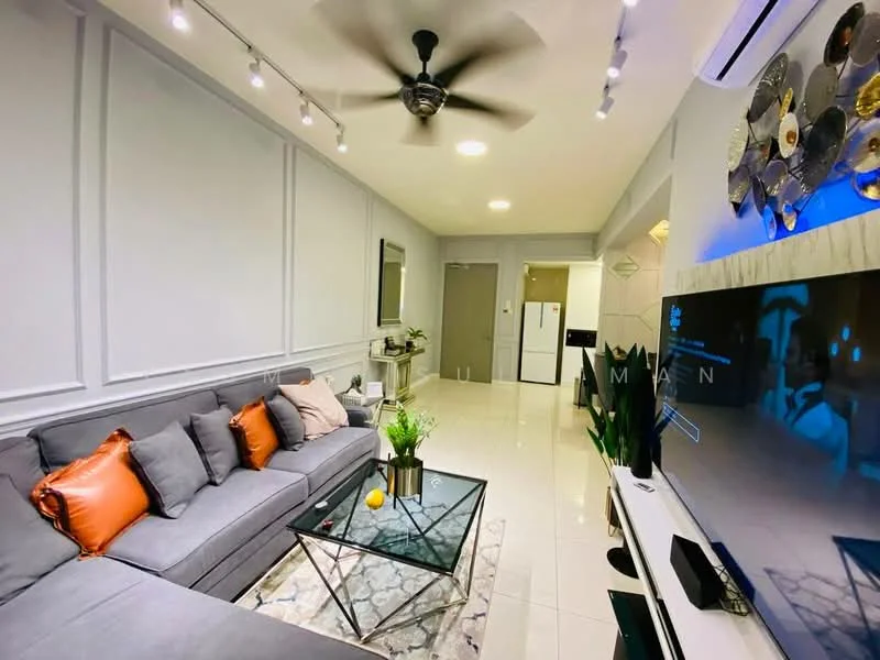 Living features: 3-seater fabric sofa in grey, orange decorative cushions, glass coffee table, area rug with geometric pattern, wall-mounted TV, TV console, ceiling fan with light, recessed LED downlights, white painted walls with paneling, sliding glass door, potted plants, decorative wall art; style: modern.