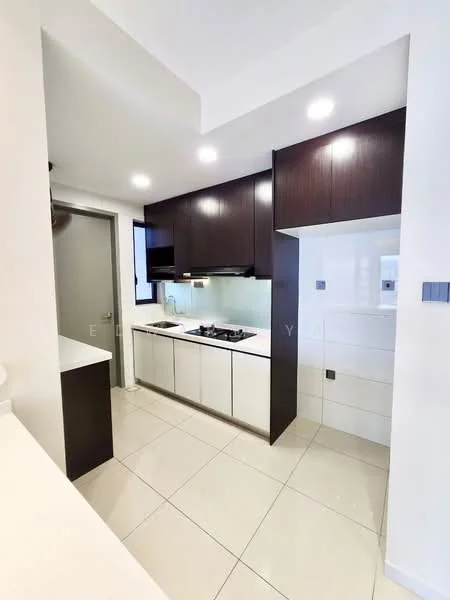 Kitchen features: white cabinetry, dark wood upper cabinets, stainless-steel gas hob, built-in oven, white backsplash, light-colored countertop, recessed downlights, large window, ceramic tile flooring, single-bowl stainless-steel sink, chrome pull-down faucet; style: modern.