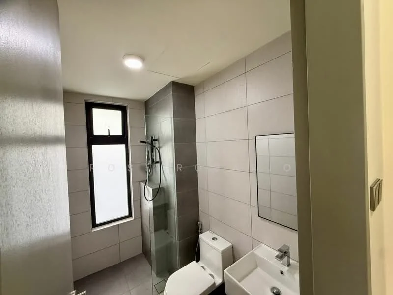 Bathroom features: grey tiled walls, light grey tiled flooring, walk-in shower with glass enclosure, rain shower head, handheld shower, single-sink vanity with white cabinet, chrome basin mixer, framed mirror, one-piece toilet, window for natural light, recessed downlights; style: modern.