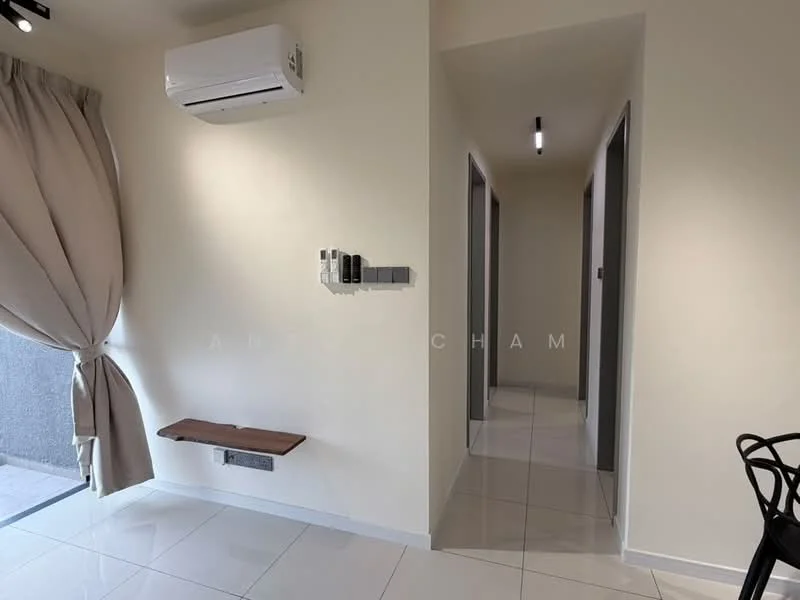 Room features: white painted walls, glossy tile flooring, 1 wall-mounted split AC, curtains, wooden shelf, recessed downlights, doorway leading to hallway; style: modern.