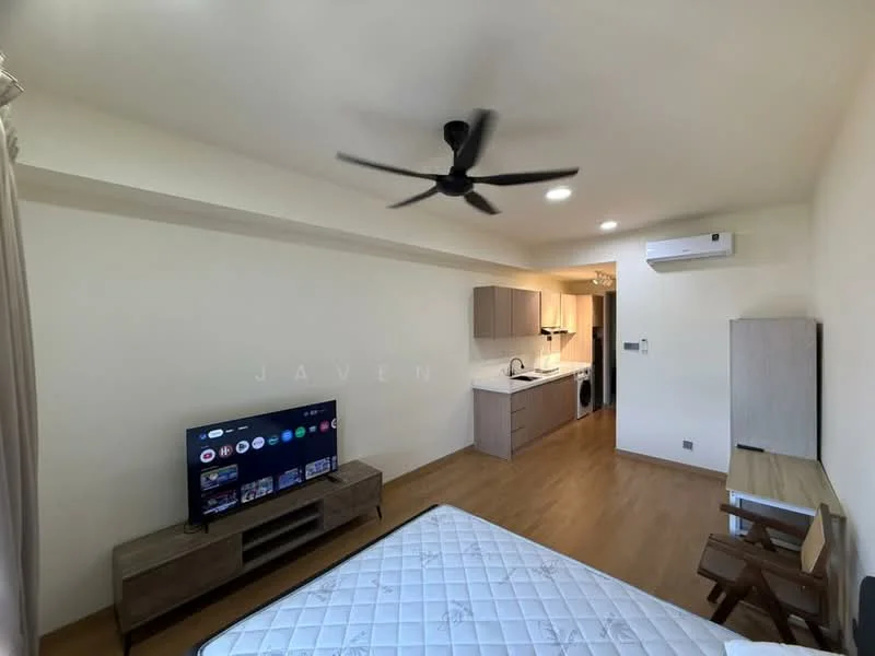 Room features: light wood flooring, white painted walls, 5-blade ceiling fan, wall-mounted TV, TV console, built-in cabinetry, recessed downlights, air conditioning unit, kitchenette with cabinets, washing machine, dining table, single bed frame, decorative wall art; style: modern.