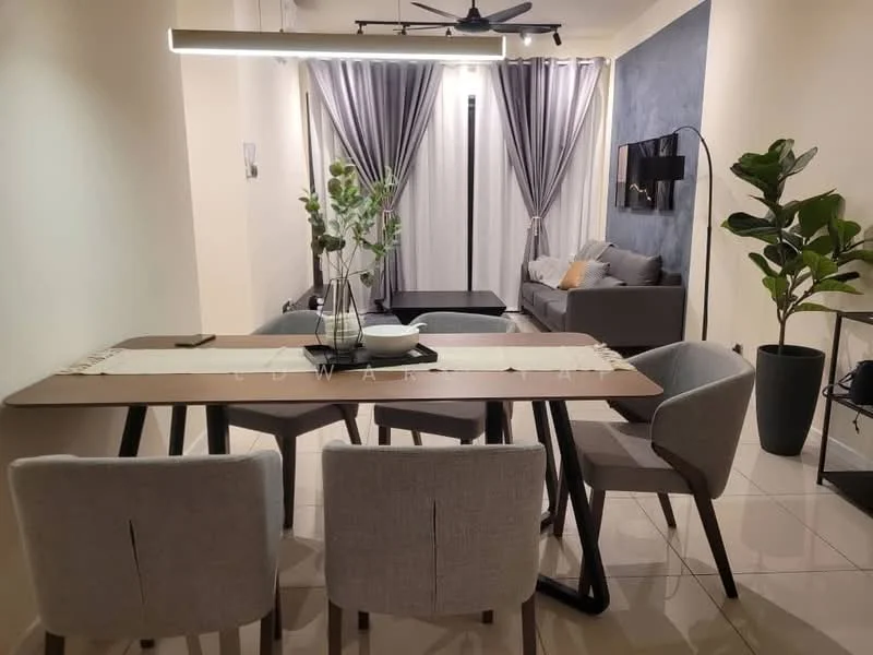 Dining features: 6-seater dining table, grey upholstered dining chairs, table runner, decorative vase with greenery, pendant light above table, white walls, glossy tile flooring, recessed ceiling lights; style: modern. Living features: grey fabric sofa, black coffee table, wall-mounted TV, floor-to-ceiling curtains, decorative wall panel, indoor plant in pot; style: modern.